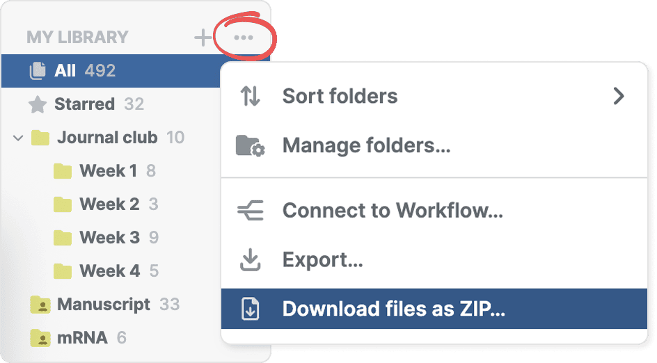 The circled three-dot menu at the top of My Library, open with “Download files as ZIP…” highlighted below Sort folders, Manage folders…, Connect to Workflow… and Export…